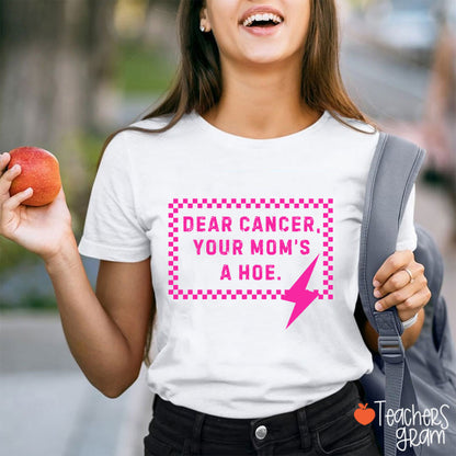Funny Anti‑Cancer Quote Pink Checker Lightning Bolt Teacher T-Shirt