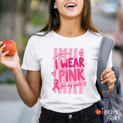 Personalized I Wear Pink For My People Striped Pink Ribbon Teacher T-Shirt