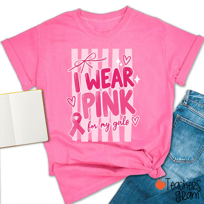 Personalized I Wear Pink For My People Striped Pink Ribbon Teacher T-Shirt