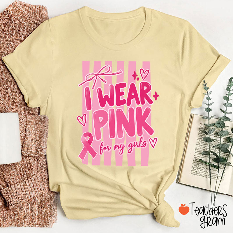 Personalized I Wear Pink For My People Striped Pink Ribbon Teacher T-Shirt