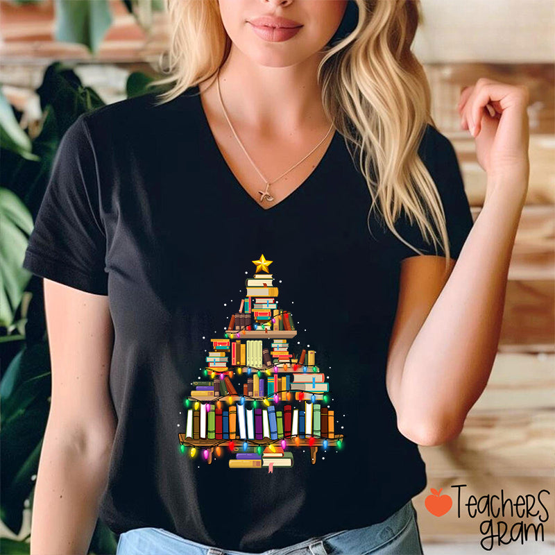Book Christmas Tree Teacher Female V-Neck T-Shirt