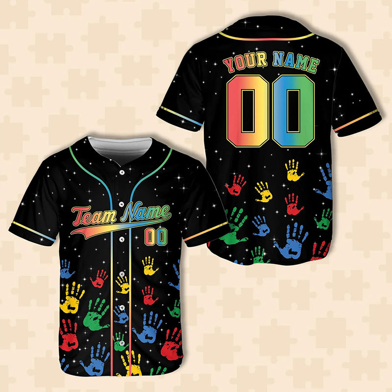 Personalized Rainbow Handprint Autism Awareness Teacher Baseball Jersey