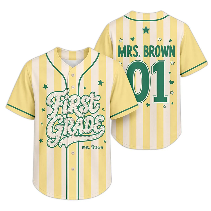 Personalized Grade Striped Star Heart Print Teacher Baseball Jersey