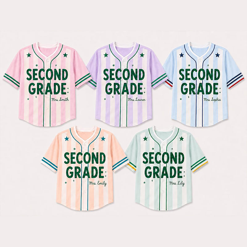 Personalized Grade And Name Preppy Stripes Star Teacher Baseball Jersey