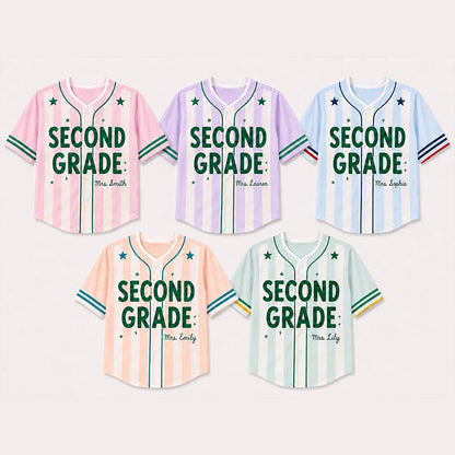 Personalized Grade And Name Preppy Stripes Star Teacher Baseball Jersey