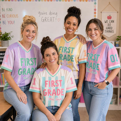 Personalized Grade Name Preppy Stripes Teacher Mesh Jersey