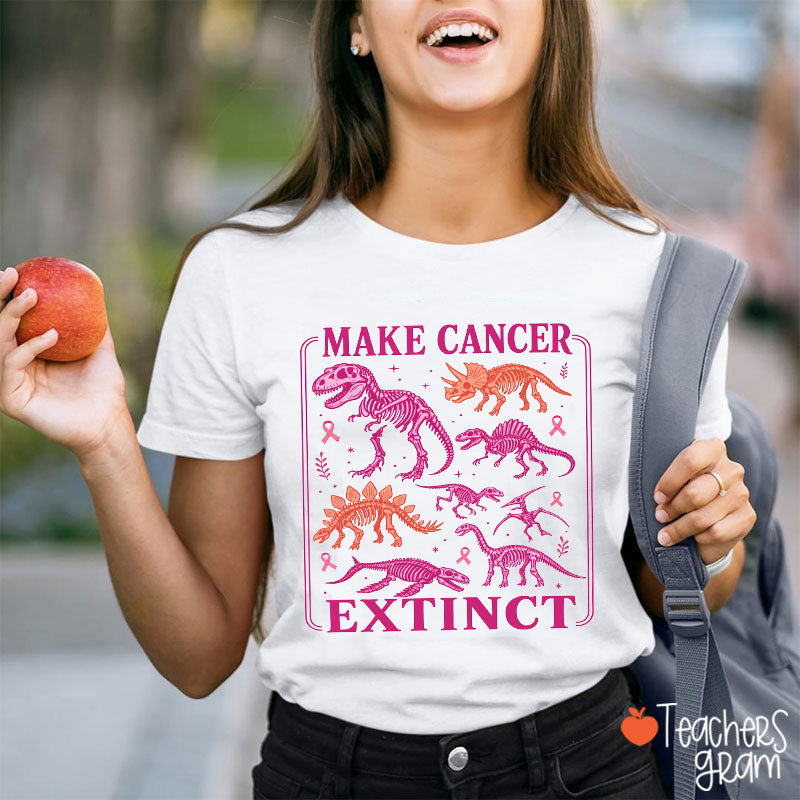 Make Cancer Extinct Dinosaur Skeleton Pink Ribbon Teacher T-Shirt