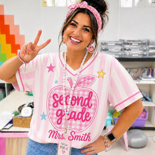 Personalized Grade And Name Preppy Stripes Gingham Apple First Day Teacher Mesh Jersey