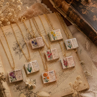 Hand-Painted Floral Design Porcelain Book Teacher Necklace