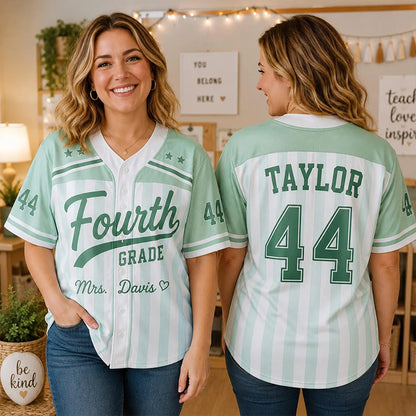 Personalized Grade And Name Preppy Color Block Stripes Script First Day Teacher Baseball Jersey