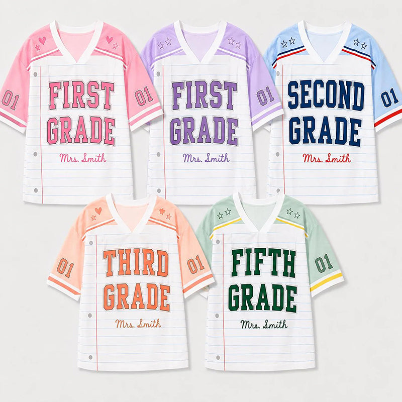 Personalized Grade And Name Preppy Notebook Stripes First Day Teacher Mesh Jersey