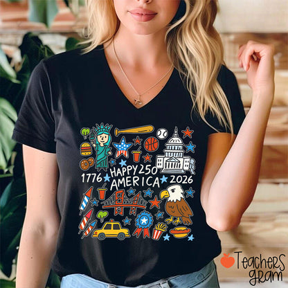 USA 250th Anniversary Teacher Female V-Neck T-Shirt
