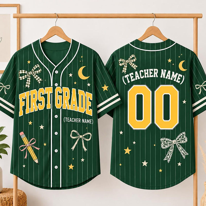Personalized Grade And Name Bow Pencil Star Moon Graphic Teacher Baseball Jersey