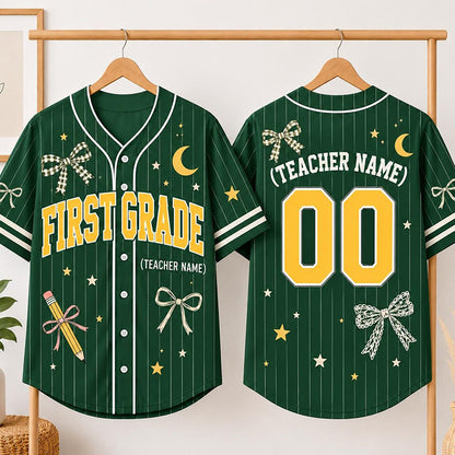 Personalized Grade And Name Bow Pencil Star Moon Graphic Teacher Baseball Jersey