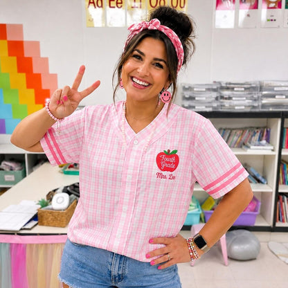 Personalized Grade And Name Apple Gingham Teacher Baseball Jersey