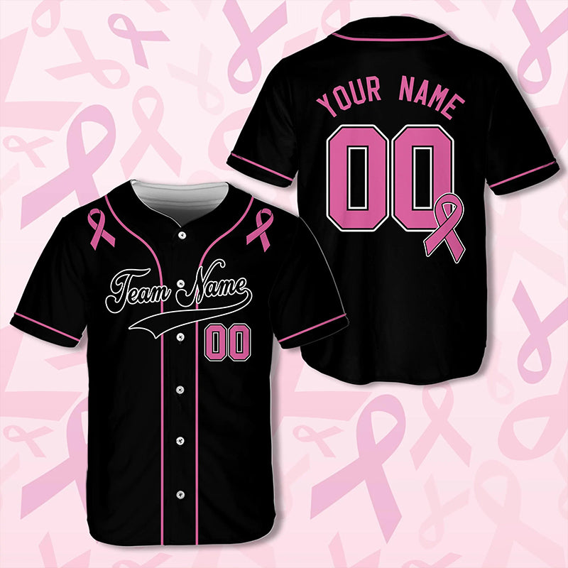 Personalized Team Name And Number Pink Ribbon Teacher Baseball Jersey