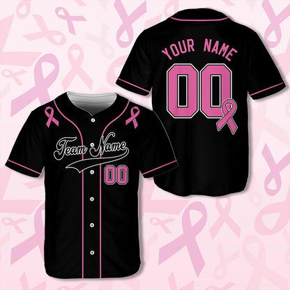 Personalized Team Name And Number Pink Ribbon Teacher Baseball Jersey
