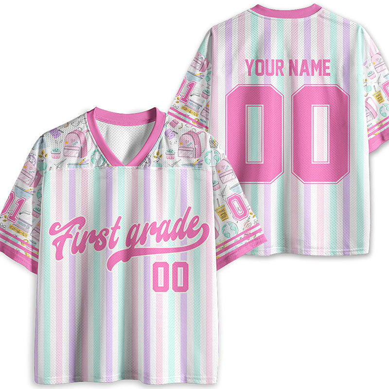 Personalized Grade And Name Preppy Stripes School Stuff Teacher Mesh Jersey