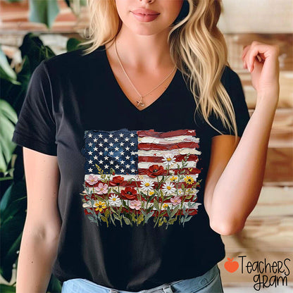 American Flag Floral Teacher Female V-Neck T-Shirt