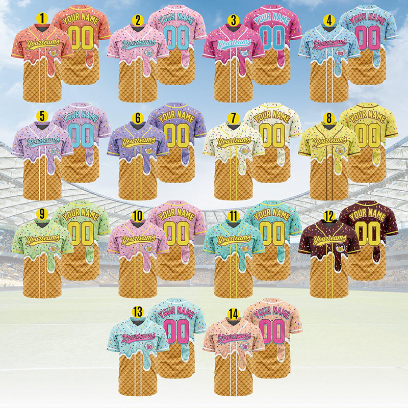 Personalized Name Preppy Ice Cream Waffle Sprinkles Custom Baseball Jersey