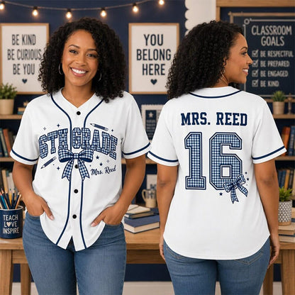 Personalized Grade Name Gingham Bow Teacher Baseball Jersey