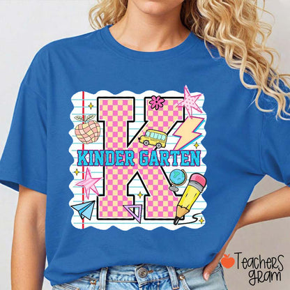 Personalized Pink Plaid And Notebook Style Teacher T-Shirt