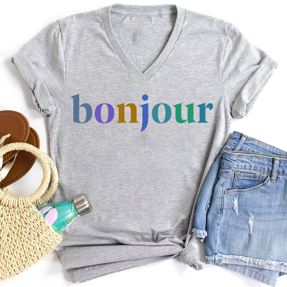 Bonjour French Teacher Female V-Neck T-Shirt