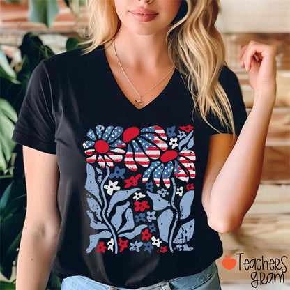 Boho Patriotic Daisy American Flag Floral Teacher Female V-Neck T-Shirt