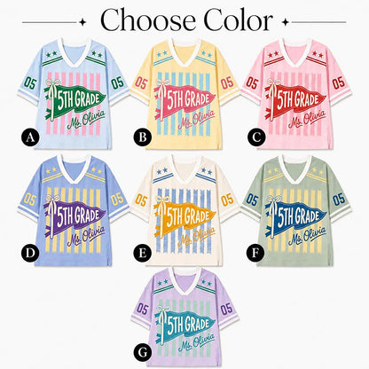 Personalized Grade And Name Preppy Stripes Pennant First Day Teacher Mesh Jersey