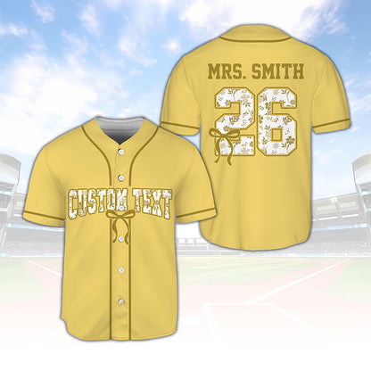 Personalized Name And Grade Floral Letter Coquette Bow Teacher Baseball Jersey