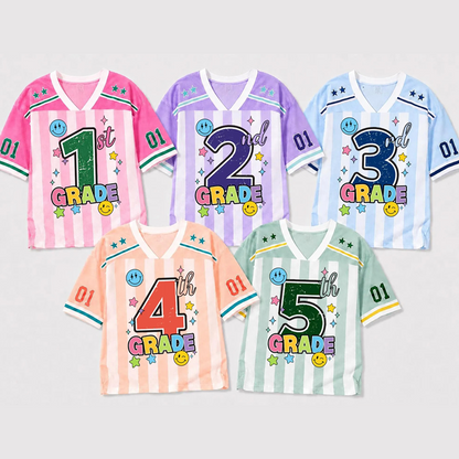 Personalized Name And Grade Striped Smile  Two Sided Star Teacher Mesh Jersey
