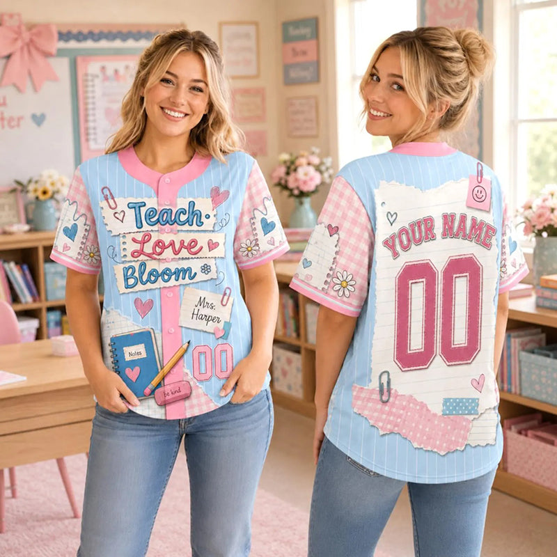 Personalized Name And Number Teach Love Bloom Teacher Baseball Jersey