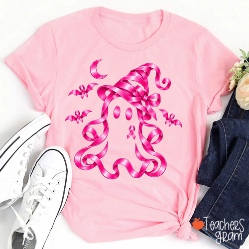 Pink Ribbon Ghost Witch Breast Cancer Awareness Teacher T-Shirt
