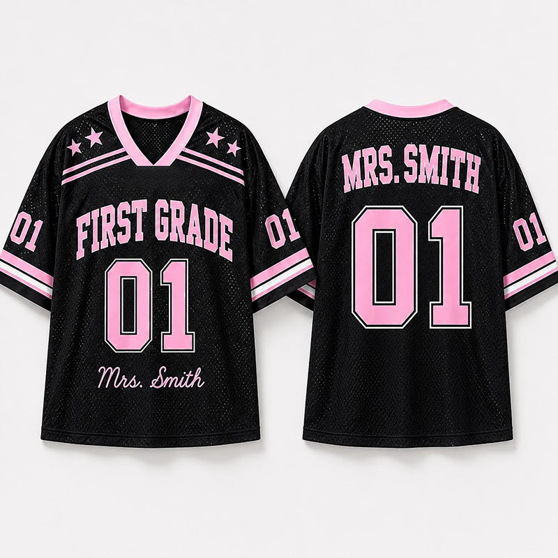 Personalized Grade And Name Preppy Solid First Day Teacher Mesh Jersey
