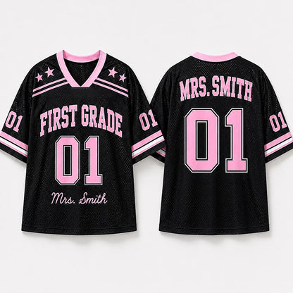 Personalized Grade And Name Preppy Solid First Day Teacher Mesh Jersey