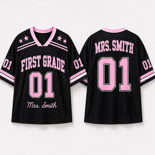 Personalized Grade And Name Preppy Solid First Day Teacher Mesh Jersey