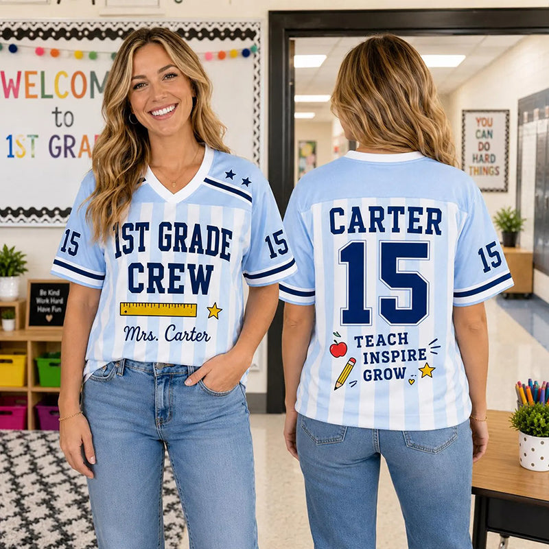 Personalized Grade And Name Preppy Stripes Pennant First Day Teacher Mesh Jersey