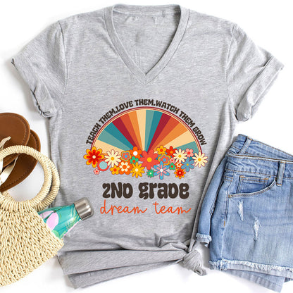 Personalized Teach Love Watch Them Grow Teacher Female V-Neck T-Shirt