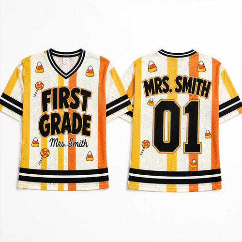 Personalized Name And Grade Stripes Halloween Teacher Mesh Jersey