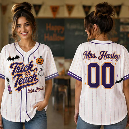 Personalized Name And Number Trick Or Teach Teacher Baseball Jersey