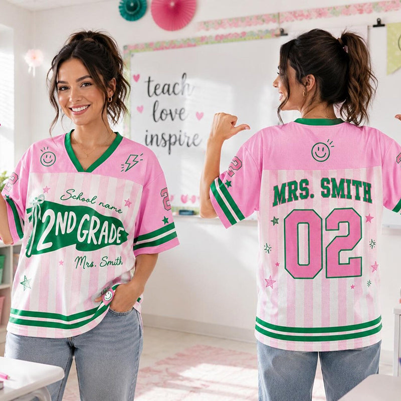 Personalized Grade And Name Preppy Stripes Patchwork First Day Teacher Mesh Jersey
