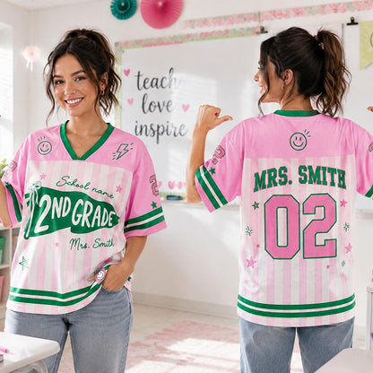 Personalized Grade And Name Preppy Stripes Patchwork First Day Teacher Mesh Jersey