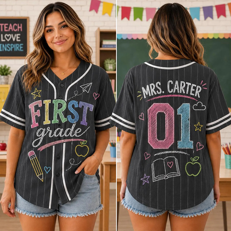 Personalized Grade Name And Number Pinstripe Striped Teacher Baseball Jersey