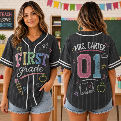 Personalized Grade Name And Number Pinstripe Striped Teacher Baseball Jersey