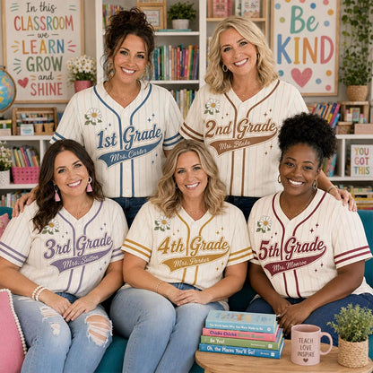 Personalized Grade Name Daisy Pinstripe Mesh Teacher Baseball Jersey
