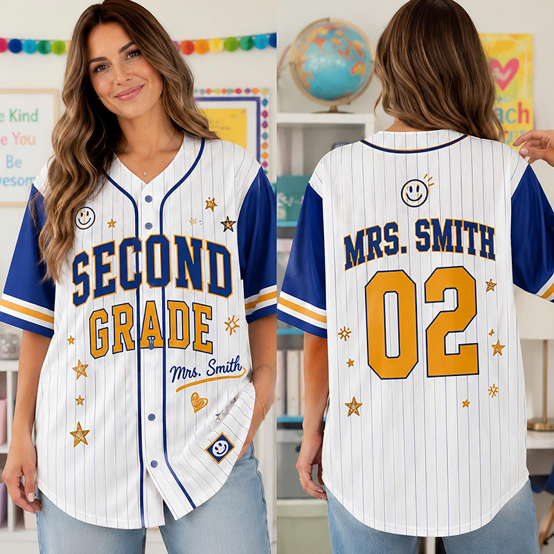 Personalized Grade Striped Star Smile Print Teacher Baseball Jersey
