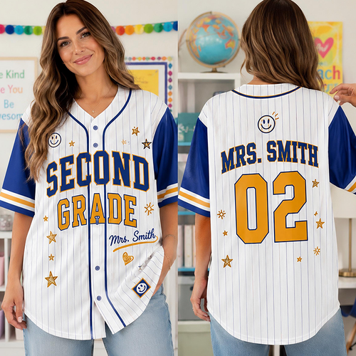 Personalized Grade Striped Star Smile Print Teacher Baseball Jersey