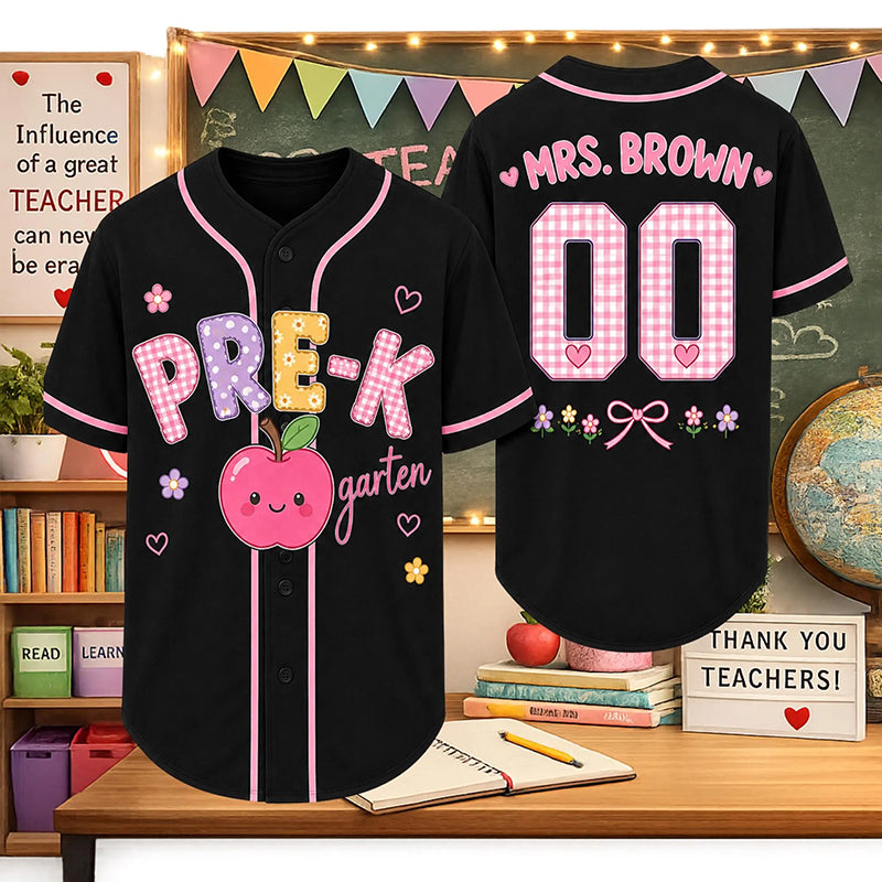 Personalized Grade And Name Apple Gingham Teacher Baseball Jersey