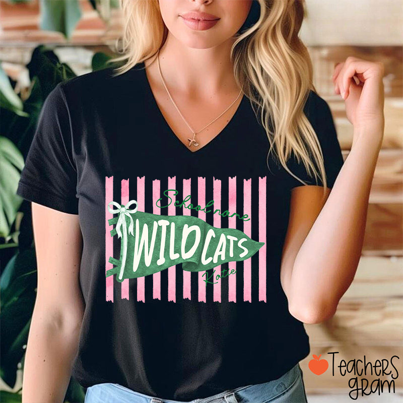 Personalized Mascot Pennant Bow Pink Striped V-Neck T-Shirt