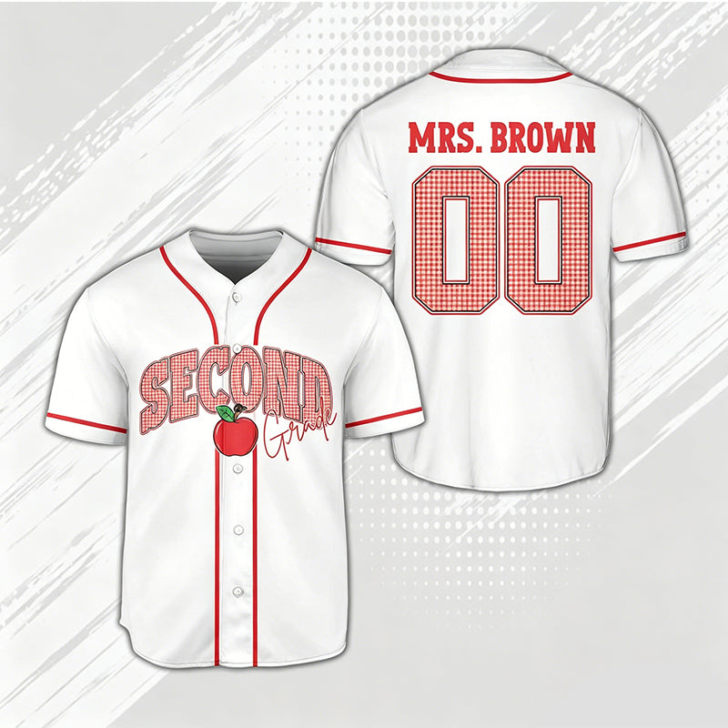 Personalized Grade And Name Gingham Apple Teacher Baseball Jersey
